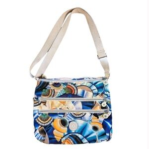 KIPLING Alvar Blue Multicolor Nylon Sea Shell Print Crossbody with Monkey Charm